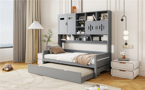 English Elm Twin Size Wooden Daybed With Trundle, Integrated Storage Cabinet & Shelves For Kids' Rooms, Gray N820S00026E-GIGA