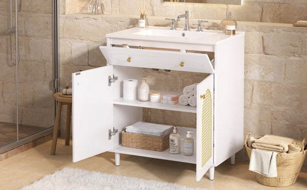 English Elm 30" Rattan Front Bathroom Vanity Solid Pine Cabinet with Ceramic Sink and Adjustable Shelf White N710P293988K