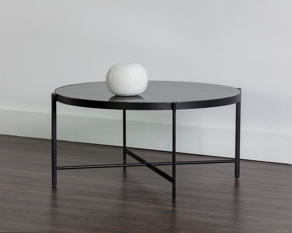Sunpan WILLEM Coffee Table - Round Smoked Glass Top on Matte Black Frame for Stylish Modern Living Spaces 104131