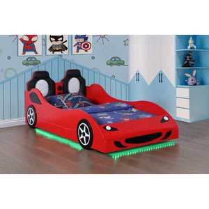 English Elm Solana Race Car Twin Bed with LED Underglow Lights, Padded Seat Headboard & Realistic Wheels - Red B062S01111