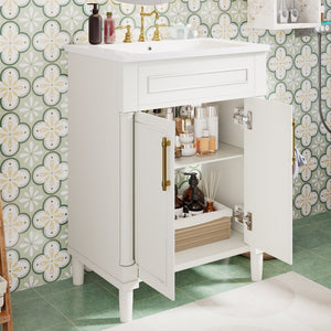 English Elm 24" Bathroom Vanity with Integrated Ceramic Sink and Adjustable Shelf, Vintage Hardware, Space-Saving Design White N710P277711K