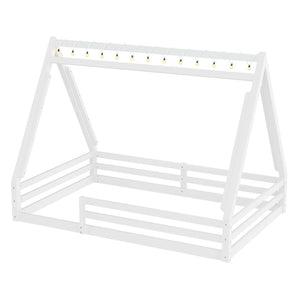 English Elm Twin Montessori Floor Bed Solid Pine Teepee Frame with Guardrails and Canopy Light White+Pink W1580P369467