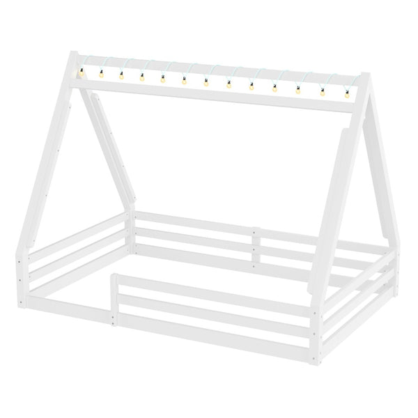 English Elm Twin Montessori Floor Bed Solid Pine Teepee Frame with Guardrails and Canopy Light White+Pink W1580P369467