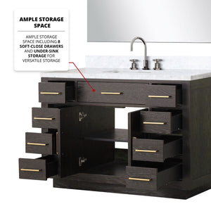 English Elm Brown Oak Single Bath Vanity Set With Carrara Marble Top, Chrome Faucet & Frameless Mirror - 48" W B2731S01958