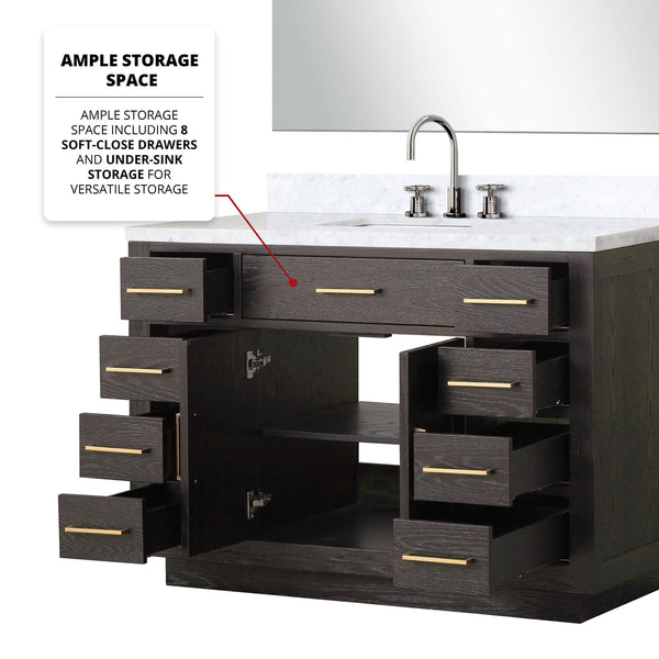 English Elm Brown Oak Single Bath Vanity Set With Carrara Marble Top, Chrome Faucet & Frameless Mirror - 48" W B2731S01958