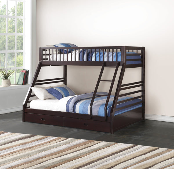 English Elm Jason Twin/Full Bunk Bed with Built-In Storage Drawers, Solid Wood Frame, Slatted Guardrail Design Espresso 85.5 L x 20.1 W x 12.4 H B2726S00488