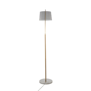English Elm March Contemporary Floor Lamp - Elegant White Marble Base, Antique Brass Arc & Grey Linen Shade B202S01371
