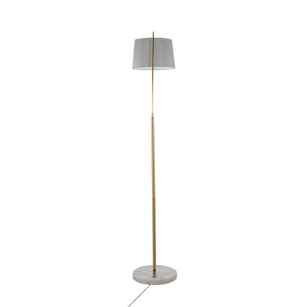 English Elm March Contemporary Floor Lamp - Elegant White Marble Base, Antique Brass Arc & Grey Linen Shade B202S01371