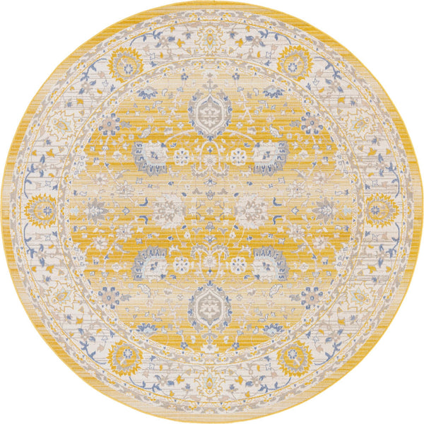 Unique Loom Whitney Bordeaux Machine Made Floral / Botanical Rug Tuscan Yellow, Blue/Ivory/Gray 7' 1" x 7' 1"
