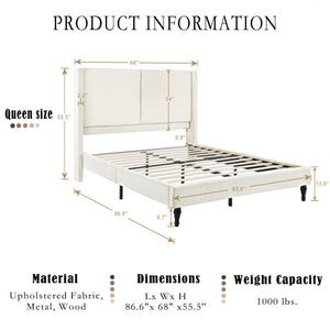 English Elm Queen Plush Upholstered Bed Frame with 55.5" High Headboard, Bouclé Style, 12-Slat Support, 1000lb Capacity Beige 64.96 L x 31.5 W x 8.07 H W1716P335674