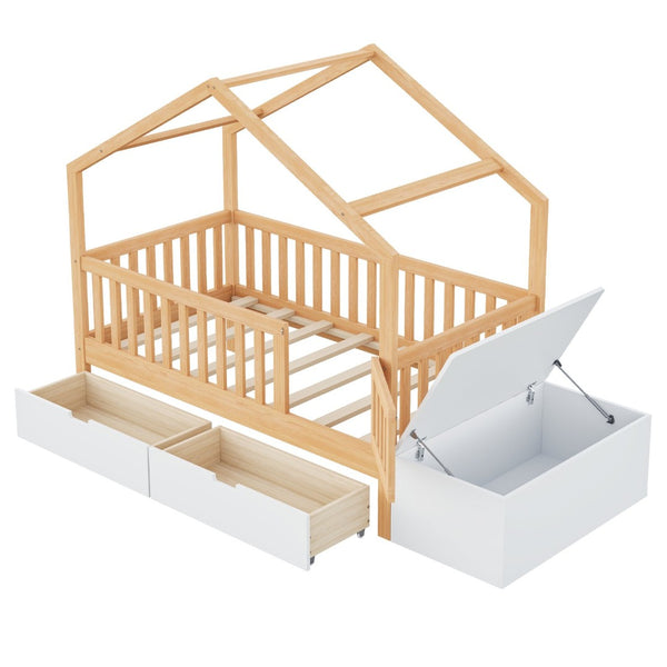 English Elm Toddler Playhouse Bed Solid Pine Frame with Storage Drawers Safety Gate Kids Room N899P429858N
