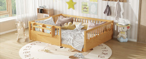 English Elm Queen Low Profile Kids Floor Bed with Guardrails Bookshelf and Pine Wood Frame Natural W1580P373143