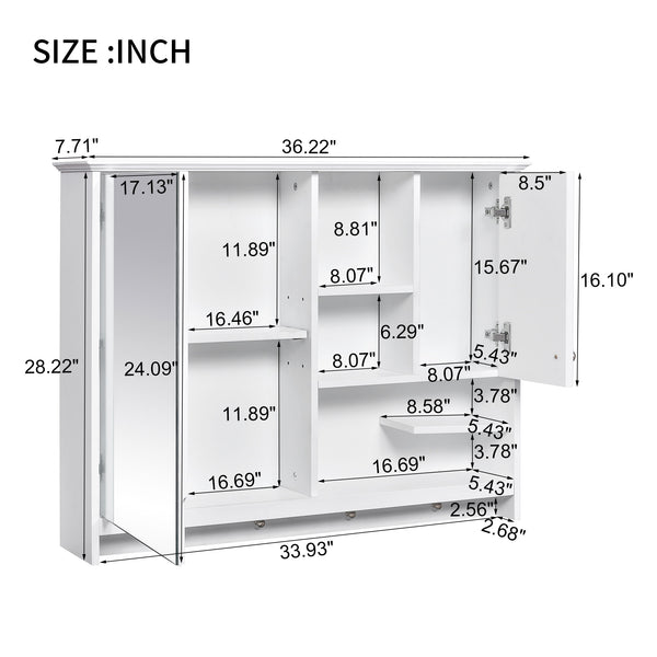 English Elm 36 Inch Wall Mounted Medicine Cabinet with HD Mirror, Adjustable Shelves, Towel Hooks, Modern Style White N710P254924K