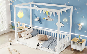English Elm Twin Canopy Floor Bed Rubberwood Frame with Fence Guardrails for Kids Bedroom White W504P351802