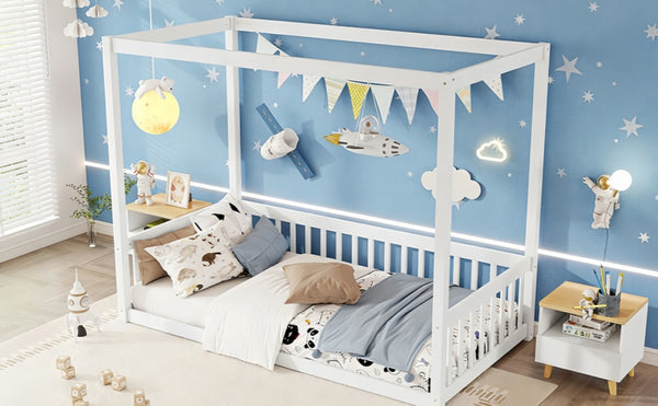 English Elm Twin Canopy Floor Bed Rubberwood Frame with Fence Guardrails for Kids Bedroom White W504P351802