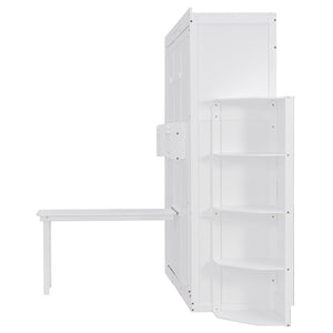 English Elm Rotating Murphy Wall Bed with Convertible Desk Dual Side Shelves Full Size Mdf Cabinet White LP000961AAK