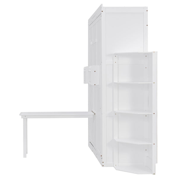 English Elm Rotating Murphy Wall Bed with Convertible Desk Dual Side Shelves Full Size Mdf Cabinet White LP000961AAK