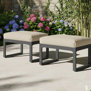 English Elm Set of 2 Outdoor Aluminum Powder-coated Patio Ottomans with Water-repellent Cushions Beige+Black B082P455140