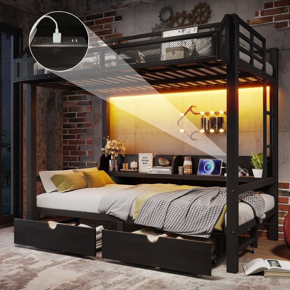 English Elm Twin Over Metal Bunk Bed with Led Lights Usb Ports Drawers and Sofa Conversion W5305S00002