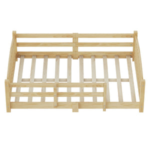 English Elm Full Montessori Pine Wood Floor Bed with Safety Rails Low Profile Kids Room Frame Natural N733P400299N