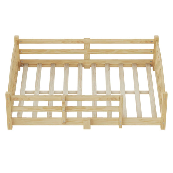 English Elm Full Montessori Pine Wood Floor Bed with Safety Rails Low Profile Kids Room Frame Natural N733P400299N