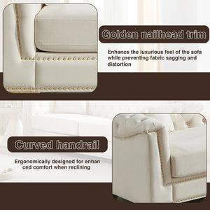 English Elm {video] Tufted Black Velvet Chesterfield Sofa with Gold Studs Three Seat Living Room Beige W1926S00096