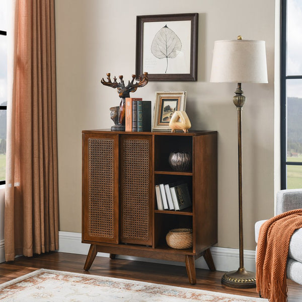 English Elm Mid Century Modern Rattan Sideboard Cabinet - Stylish Buffet For Entryway, Living Room & Kitchen Storage W1801P195630