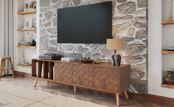 English Elm 70" Mid-Century Modern TV Stand with Lattice Wood Grain, 3 Cabinets & 4 Open Shelves, Walnut Elegance N710P222773P