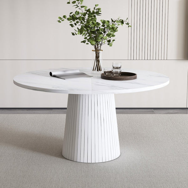 English Elm 47 Inch Round Marble Veneer Mdf Dining Table Seats Four with Slim Wood Strip Base White W2700P404636