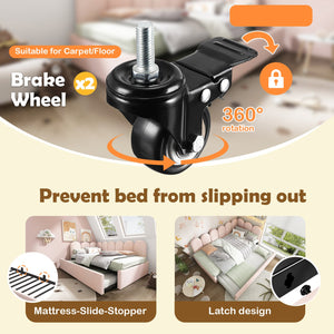 English Elm Upholstered Twin Daybed with Pull-Out Trundle, Velvet Upholstery, Metal Slatted Frame, 300lb Capacity Pink AA20362122P