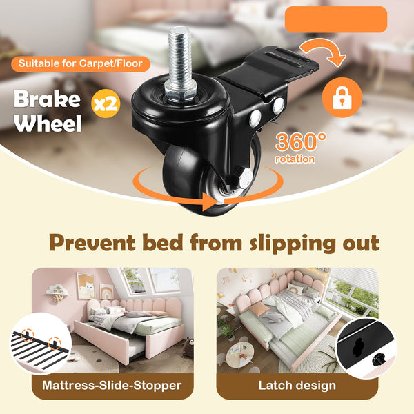 English Elm Upholstered Twin Daybed with Pull-Out Trundle, Velvet Upholstery, Metal Slatted Frame, 300lb Capacity Pink AA20362122P