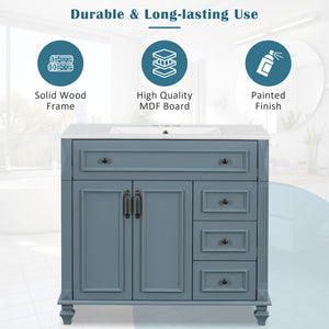 English Elm 36" Modern Bathroom Vanity with Ceramic Sink, Gold Handles, Flip-Out Drawer & Soft-Close Doors Blue Gray N725P283623C