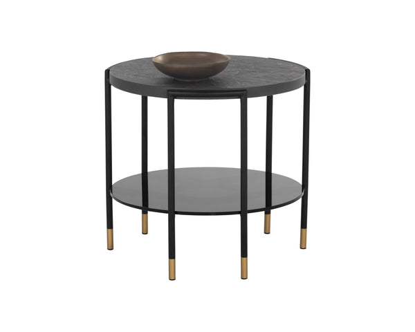 Sunpan Zuma Side Table - Handcrafted Concrete End Table with Slate Effect Top & Black Glass Shelf, Gold Accents