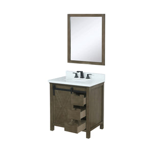 English Elm Rustic Brown Bath Vanity 30" W x 22" D with Cultured Marble Top, Matte Black Faucet, 28" Mirror B2731S01338
