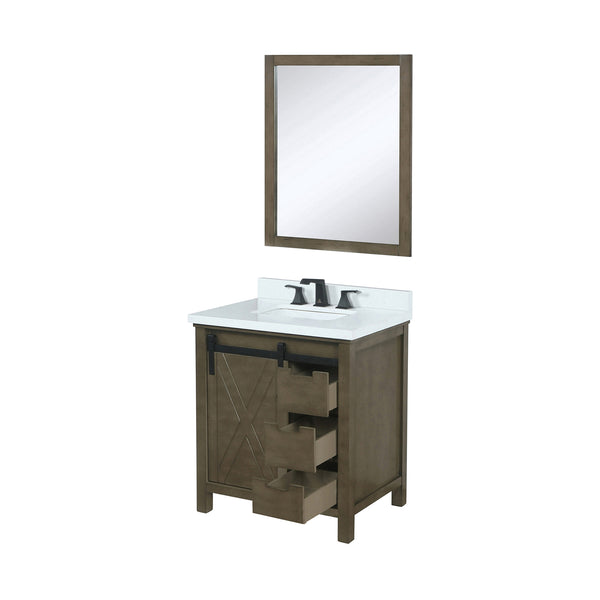 English Elm Rustic Brown Bath Vanity 30" W x 22" D with Cultured Marble Top, Matte Black Faucet, 28" Mirror B2731S01338