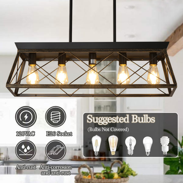 English Elm 32" Black Gold Industrial 5-Light Pendant Chandelier - Adjustable Metal Cage Farmhouse Lighting for Kitchen, Dining, Living Room W2312P368669