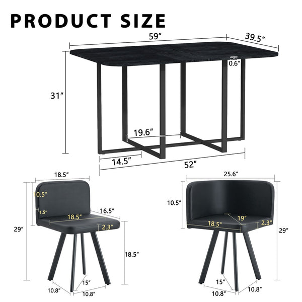 English Elm 7-piece Matte Black Dining Set with Wood Grain Table and Pu Leather Chairs for Six W3875S00092