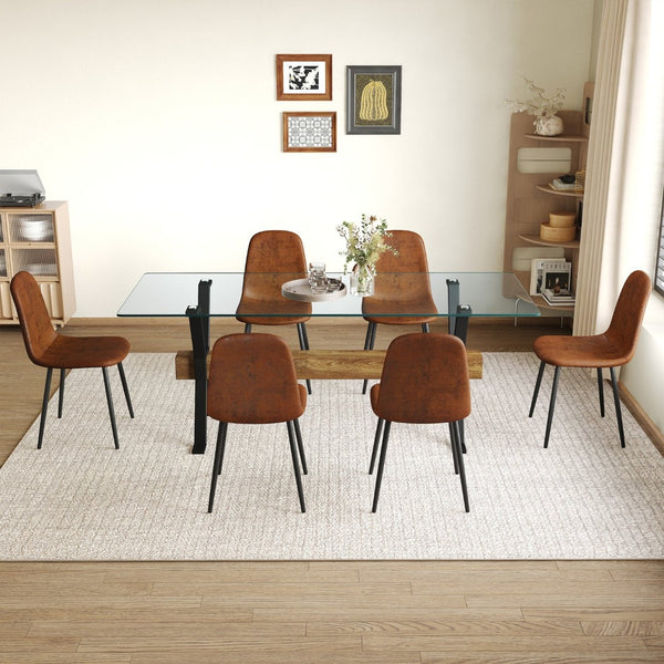 English Elm Table And Chair Set - Modern 79"X31.5" Glass Top With X-Shaped Black Metal Legs & 6 Techno-Fabric Chairs W1151S04087-GIGA
