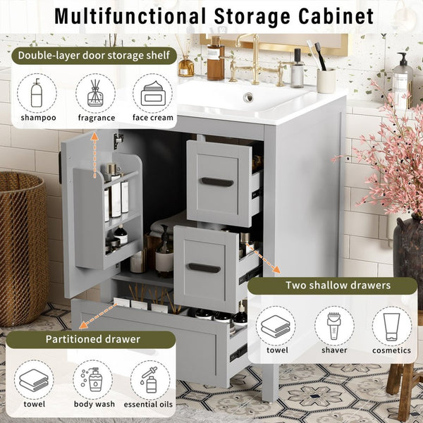 English Elm Modern 24 Inch Bathroom Vanity Solid Wood Cabinet with Ceramic Sink and Soft Close Storage Gray N729P292859E