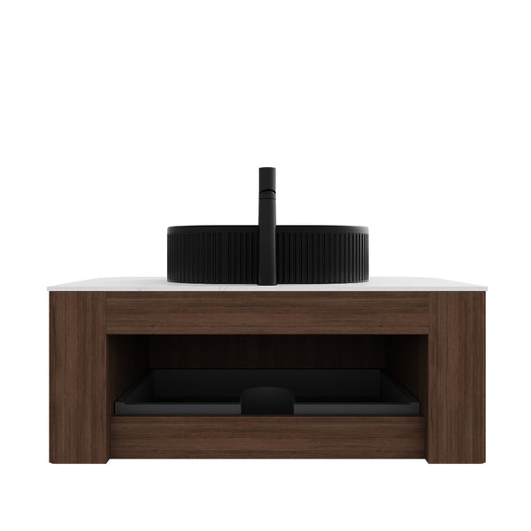 English Elm Dina Floating Bathroom Vanity Sintered Stone Top Glass Basin Striped Plywood Cabinet W2615S00421