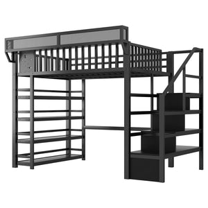 English Elm Full Metal Loft Bed with Stair Storage Rgb Lighting and Charging Station for Teens Black W2580S00074