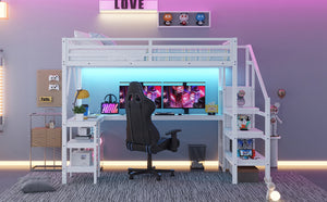 English Elm Metal Full Loft Bed with L Shaped Desk Wardrobe Rgb Lighting and Usb Charging White W2593S00054