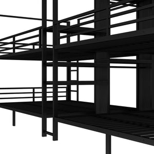 English Elm Queen Size Quadruple Metal Bunk Bed With Storage, Noise-Reducing Design & Sturdy Black Frame W1580S00156-GIGA