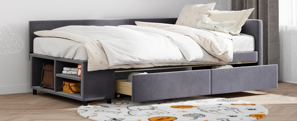 English Elm Twin Velvet L-Shaped Upholstered Platform Bed with Plush Headboard, Hidden Drawers & Cabinet Storage Gray SF000182AAE