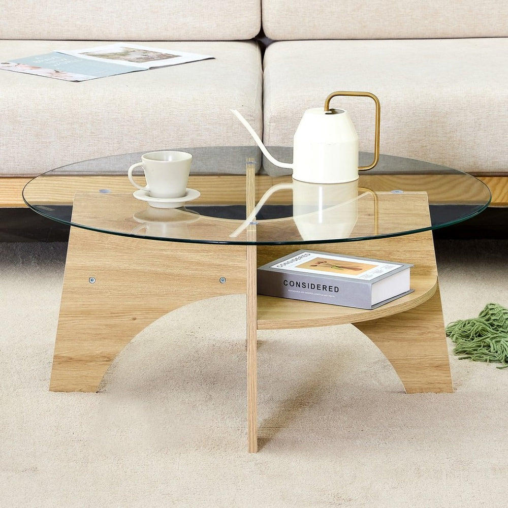 English Elm Round Tempered Glass Coffee Table with Fan Pedestal Base for Modern Living Rooms Natural Wood,Transparent W1151P256001