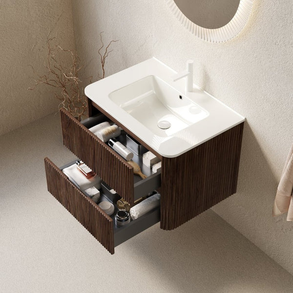 English Elm Noor Oak Veneer Floating Bathroom Vanity with Grooved Plywood Cabinet and Ceramic Basin W2615P386399