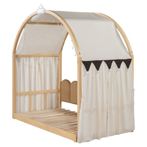 English Elm Twin Pinewood Ground-Level Canopy Bed with Arched Roof and Trundle for Kids—Whimsical, Sturdy Design Natural N820P181648N