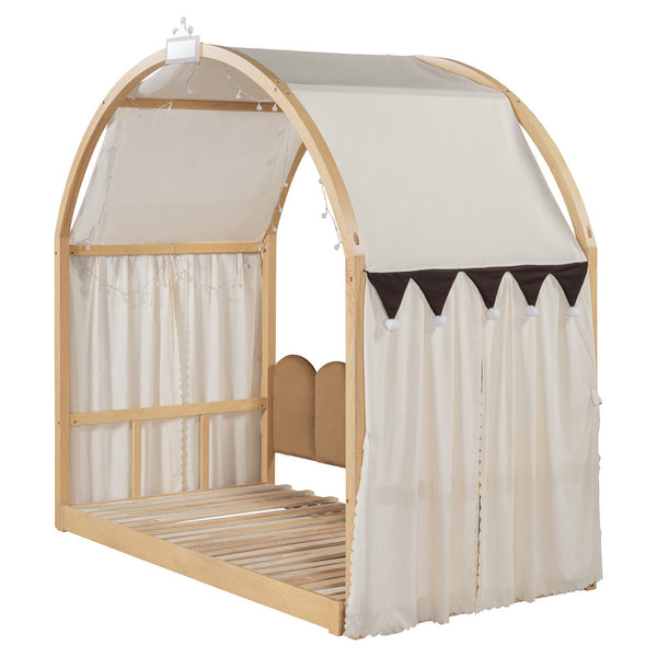English Elm Twin Pinewood Ground-Level Canopy Bed with Arched Roof and Trundle for Kids—Whimsical, Sturdy Design Natural N820P181648N