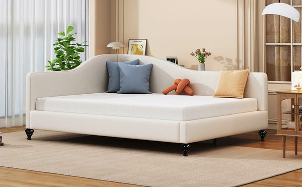English Elm Full Size L-shaped Linen Upholstered Daybed with Solid Wood Legs for Corner Lounging Beige SF100146AAA-1