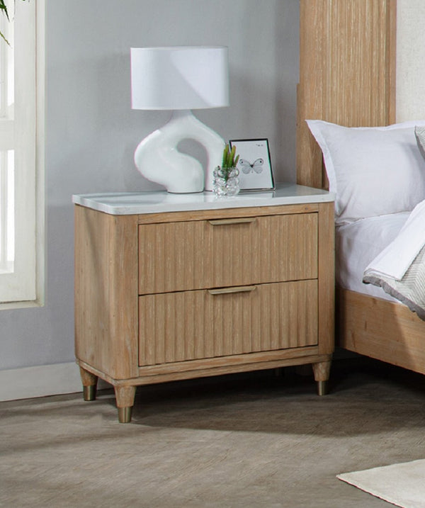 English Elm Modern Stone Top Wood Nightstand with Brass Hardware Two Drawer Bedroom Storage B2741P429140